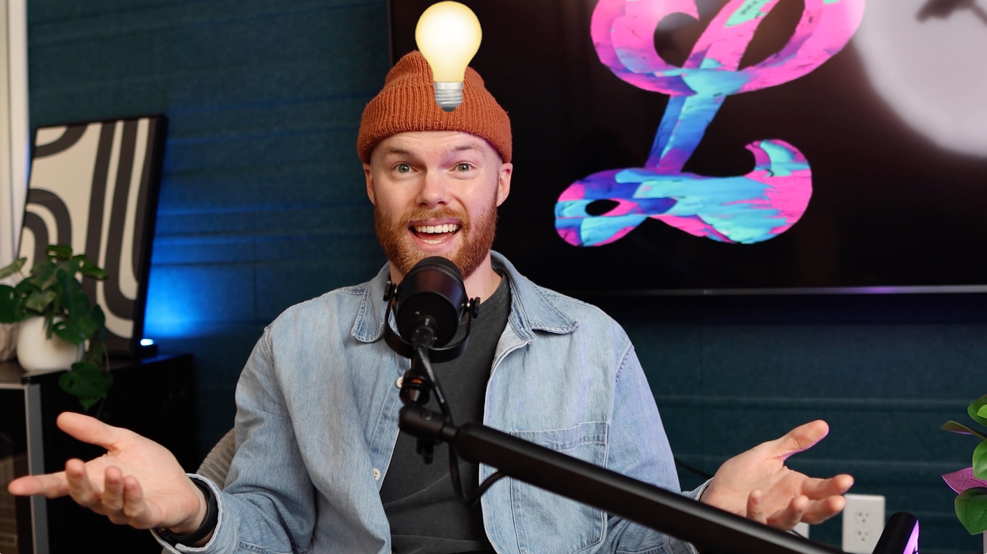 Man in podcast studio with animated lightbulb above his head