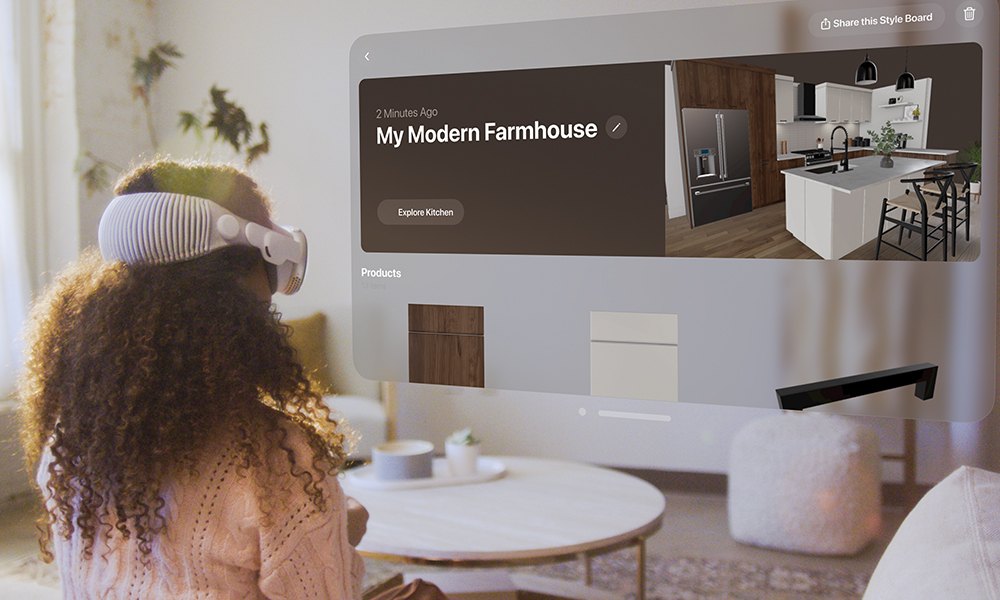 Woman wearing Apple Vision Pro headset viewing a saved style board in Lowe's Innovation Labs Lowe's Style Studio app.