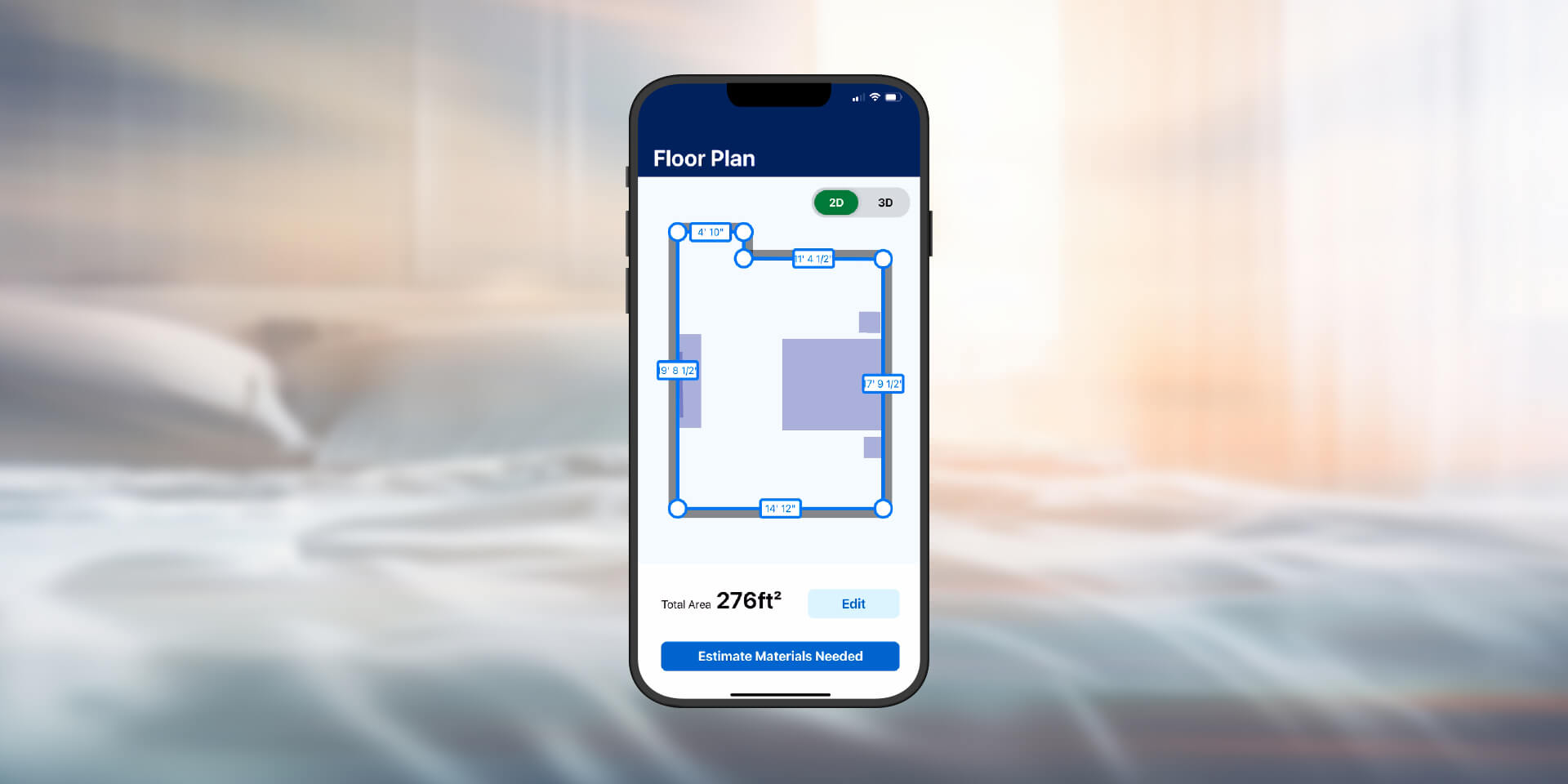 A mobile device showing room measurements from Lowes Innovation Labs Measure Your Space experience with bedroom in the background.