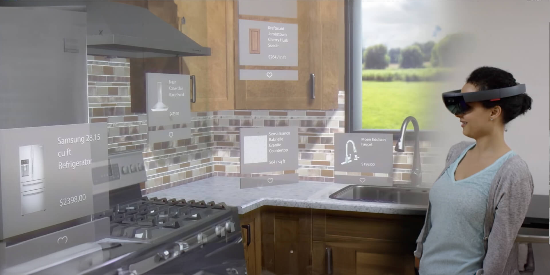 Female customer wearing Microsoft HoloLens, immersed in a AR kitchen remodeling experience.