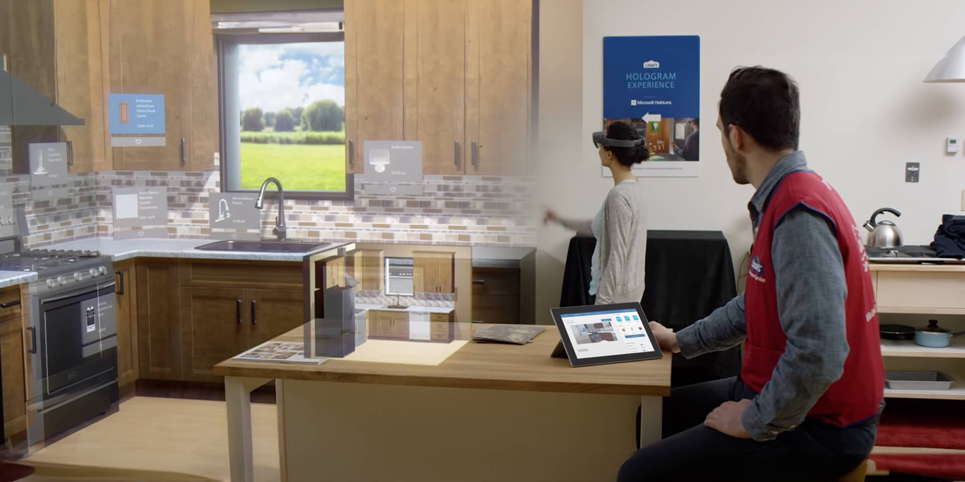 Male Lowes Home Improvement associate assisting Female customer wearing Microsoft HoloLens in an AR kitchen remodeling experience.