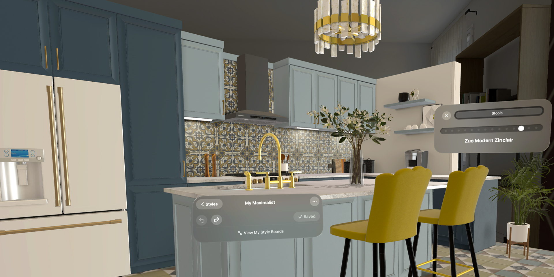 Lowe's Style Studio, in-app image of Maximalist Kitchen found in the Lowes Innovation Labs app created exclusively for Apple Vision Pro.