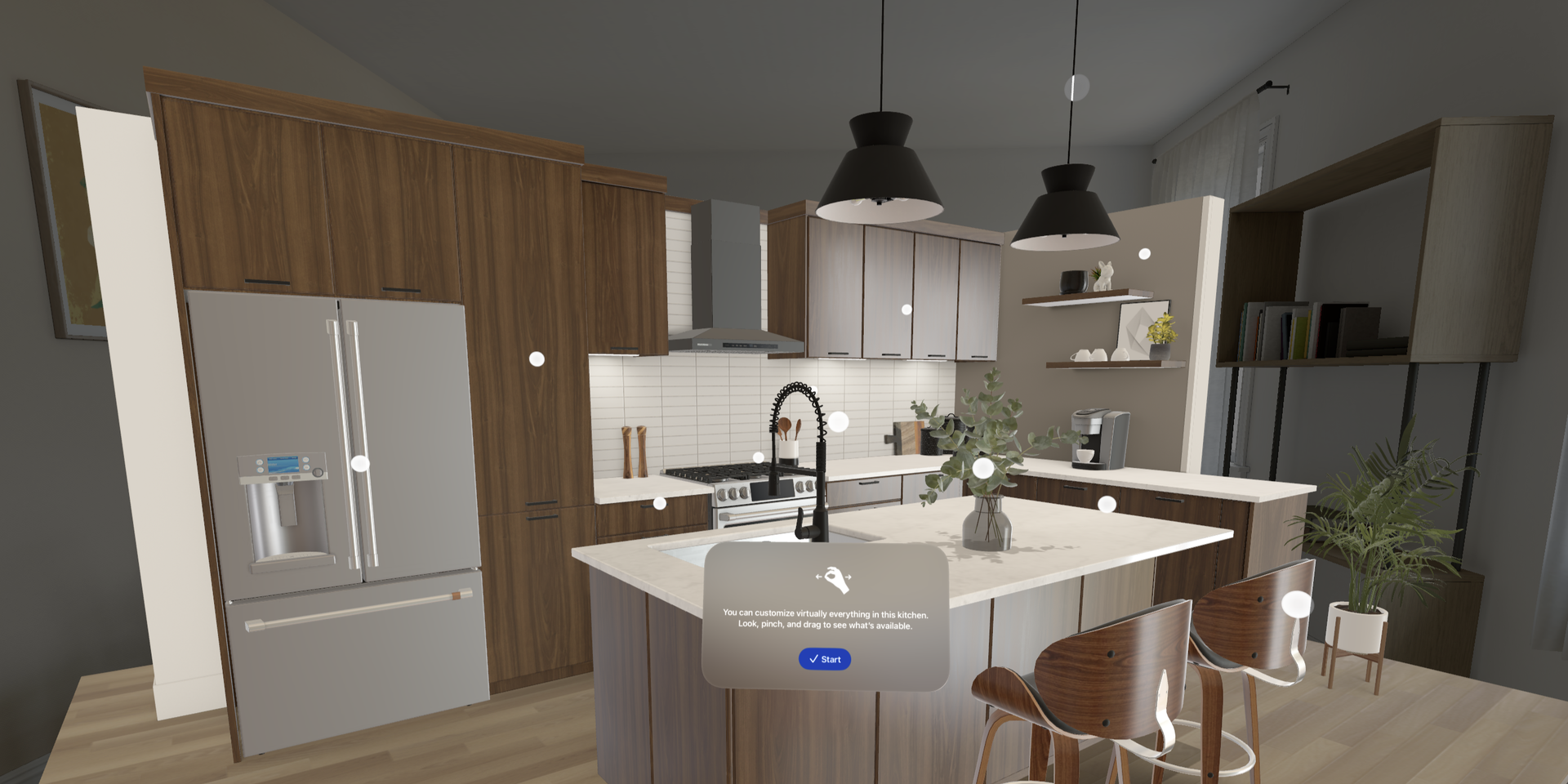 Mid Century Kitchen styling with changeable highlighted elements seen within Lowe's Innovation Labs 'Lowe's Style Studio' app experience.